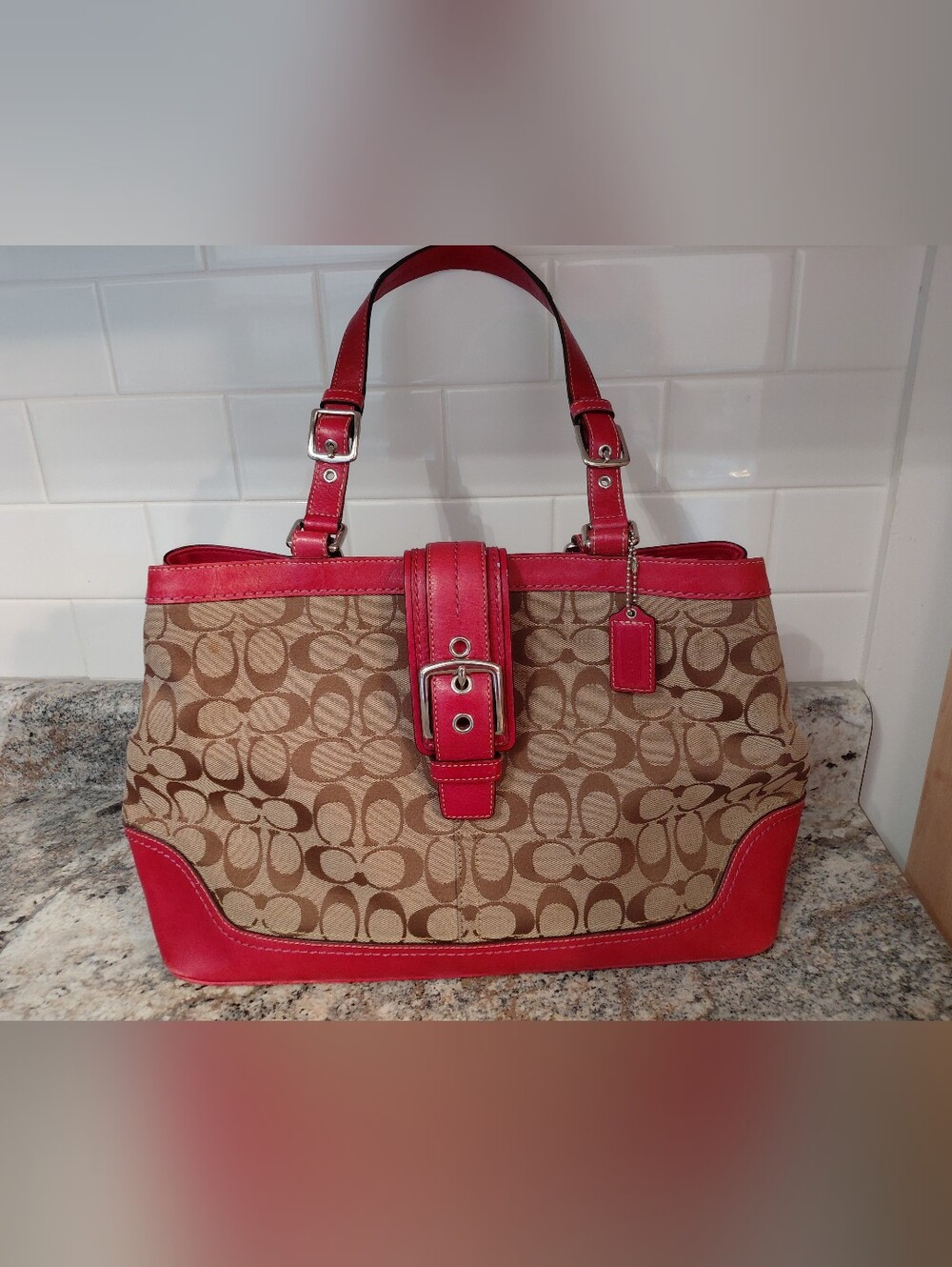 Coach Hamptons Signature Canvas Leather Tote Handbag F12643